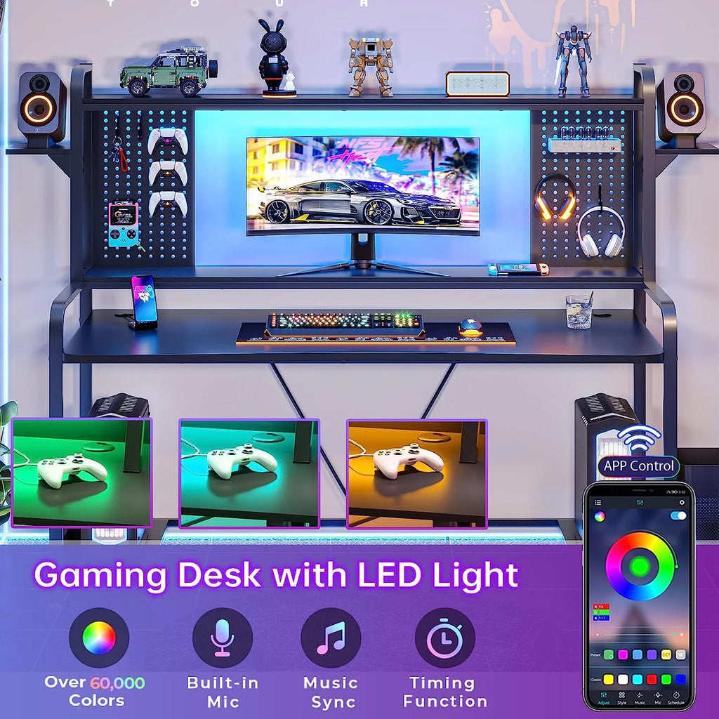 55" Gaming Desk with Hutch, Shelves, LED Lights, Pegboard and Monitor Shelf, Black K2756