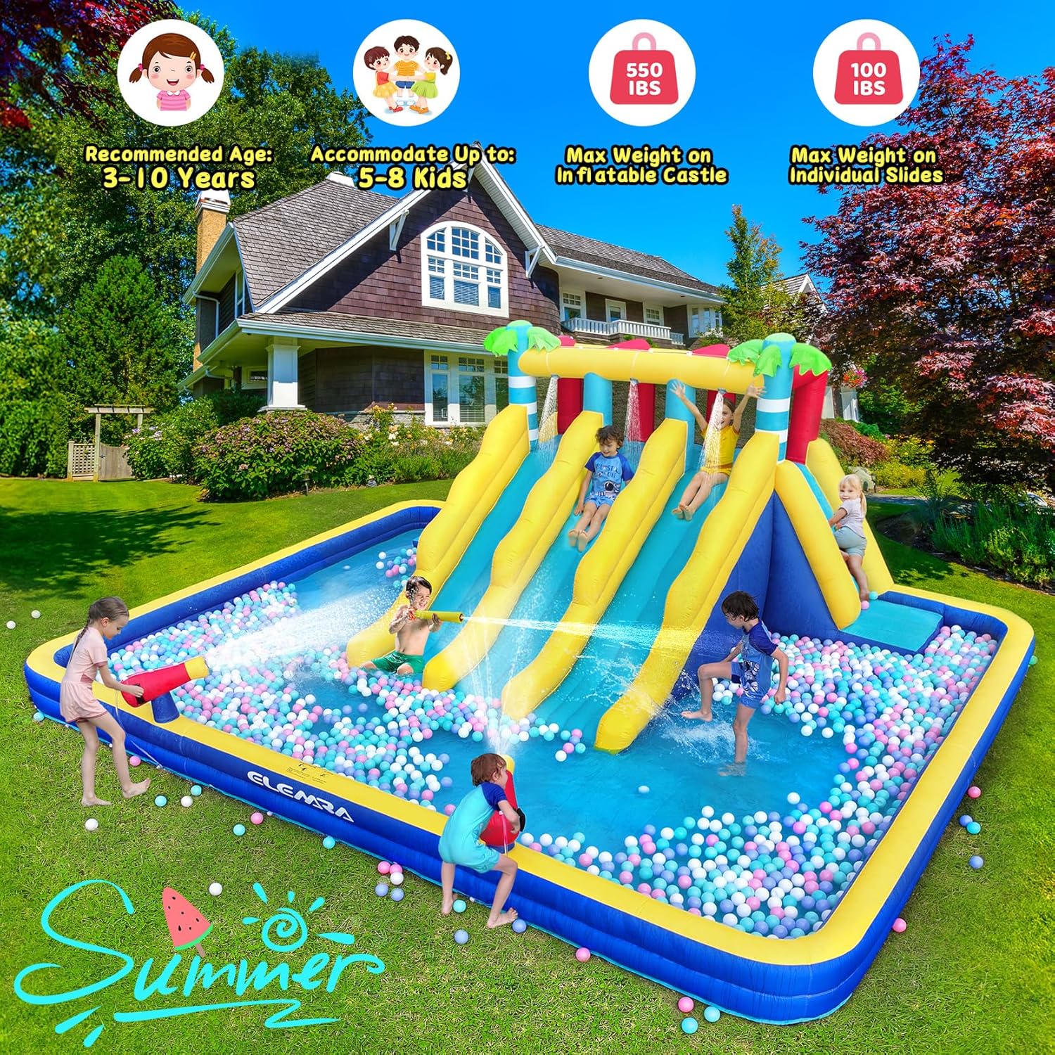 Extra Large Inflatable Water Slide Bounce House with Double-Layer Splashing Pool, 3 Slides, Climbing Wall, 2 Water Cannons, 750W Air Blower Q27744