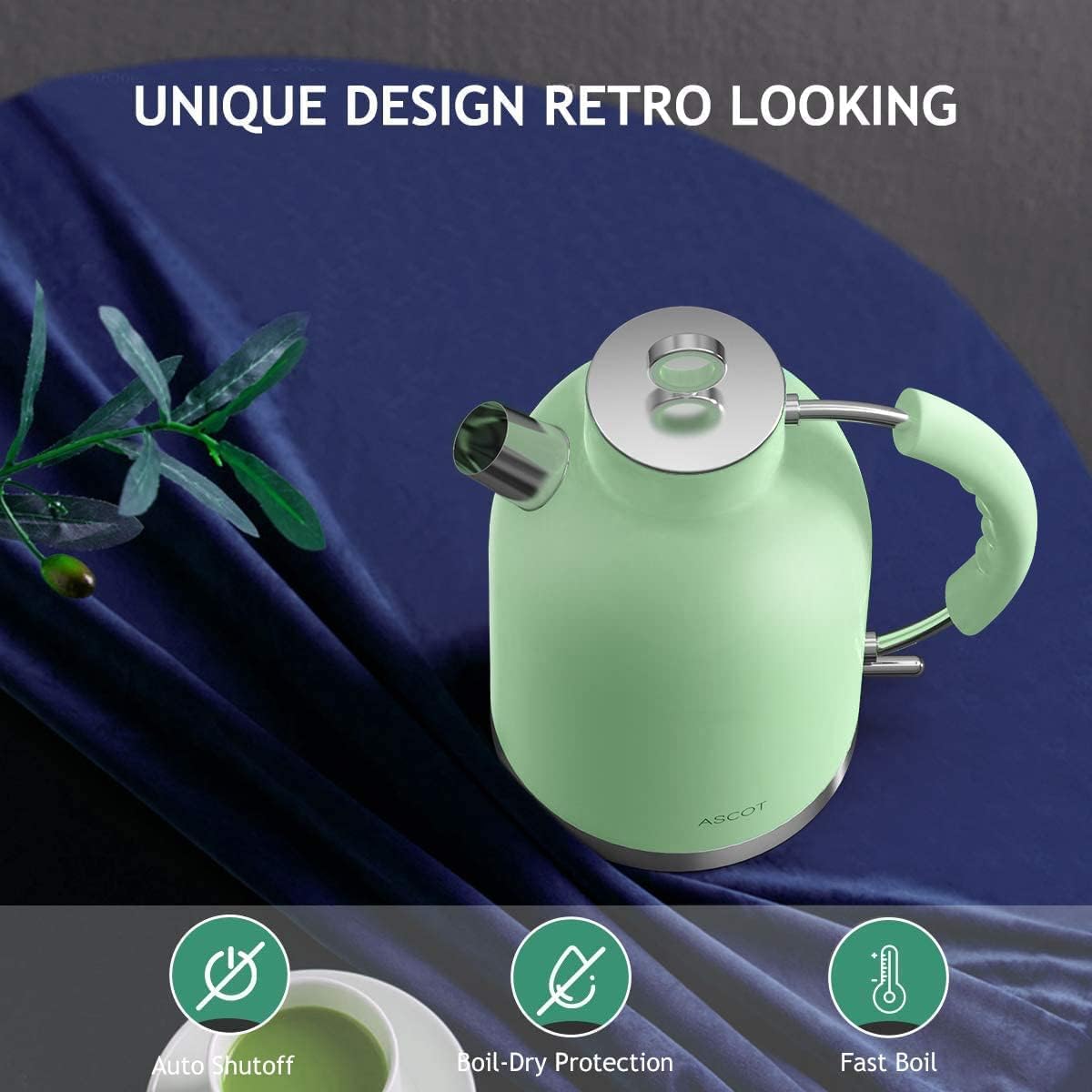 Stainless Steel 1.5L 1500W Retro Electric Kettle Matte Green L744112