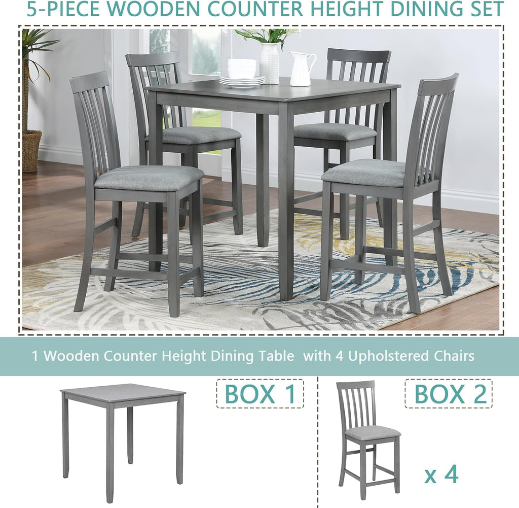 5 Piece Counter Height Dining Table Set with 4 Upholstered Chairs, Dove Gray P504