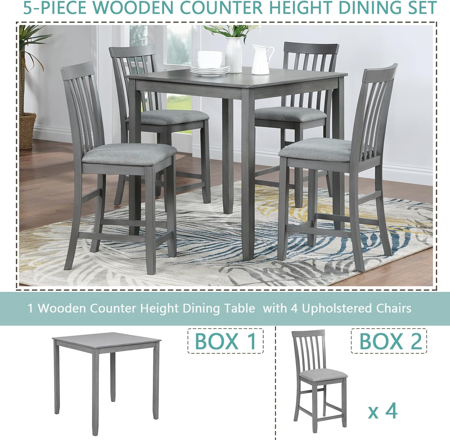 5 Piece Counter Height Dining Table Set with 4 Upholstered Chairs, Dove Gray P504
