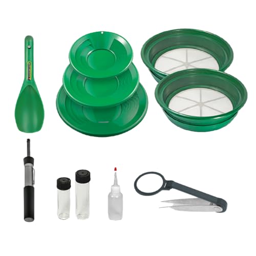11-Piece Gold Panning Kit with Pans, Sieves, Tweezers, Glass Bottles, Sand Magnet L7372