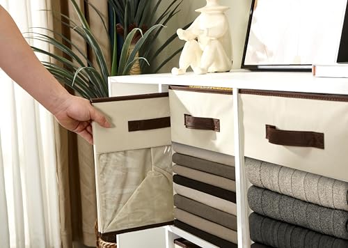 13 Inch Fabric Cube Storage Bins with Clear Window, Beige (6pcs) E293