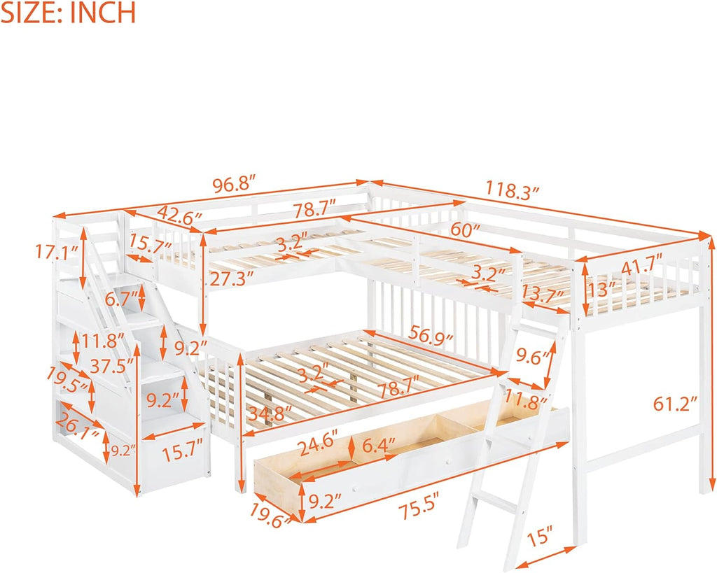 White Wooden Triple Bunk Bed With Stairs And 3 Storage Drawers D809846