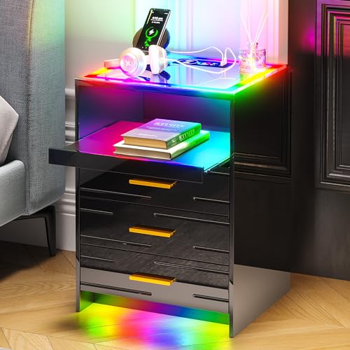 RGB LED Nightstand with 3 Drawers and Sliding Tray W352