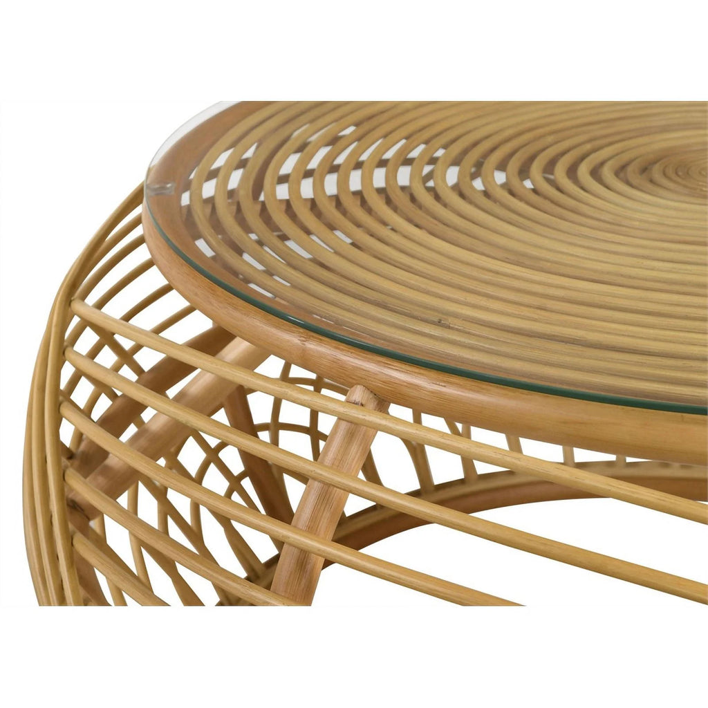 Round Glass Top Woven Rattan Coffee Table Natural Brown W757