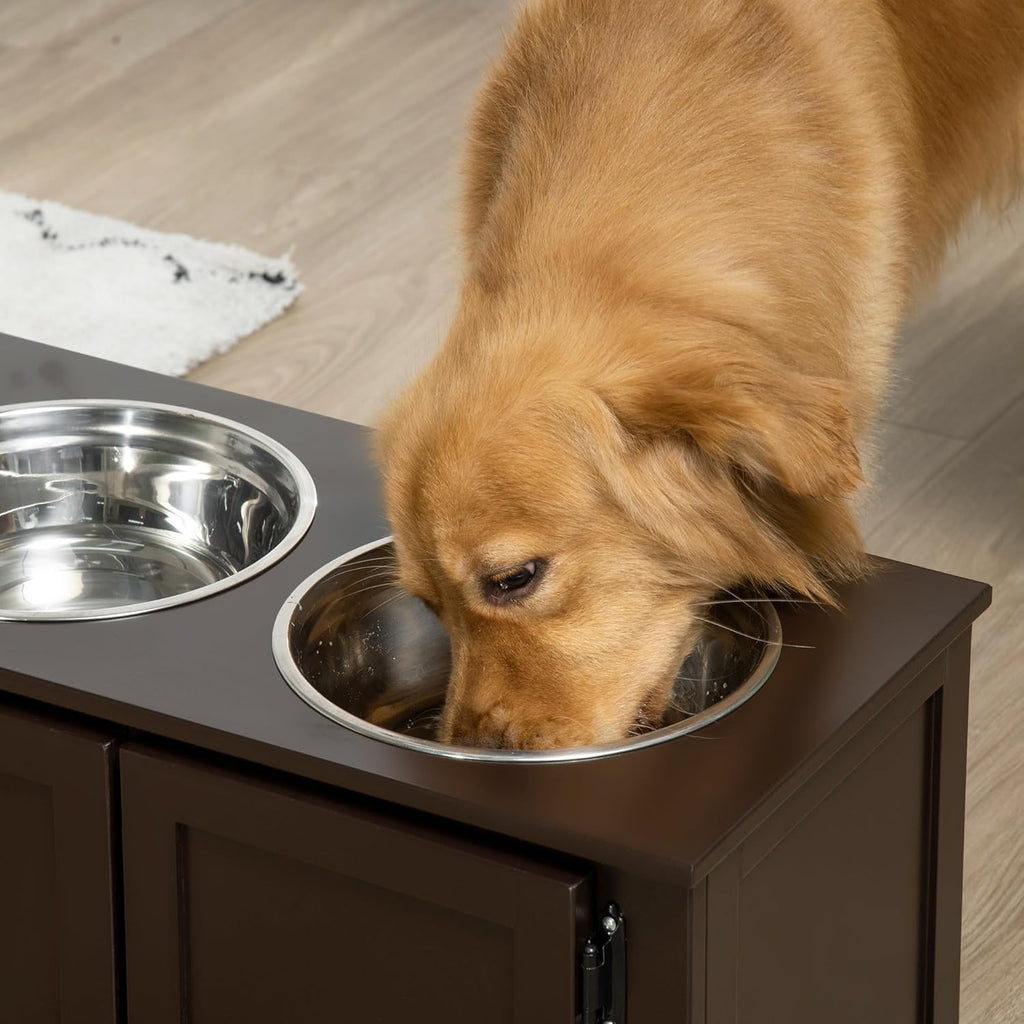 Elevated Dog Bowls with Storage Cabinet, 2 Stainless Steel Bowls, Coffee P704