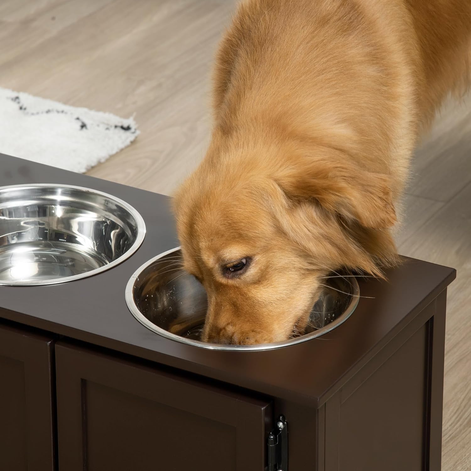 Elevated Dog Bowls with Storage Cabinet, 2 Stainless Steel Bowls, Coffee P704