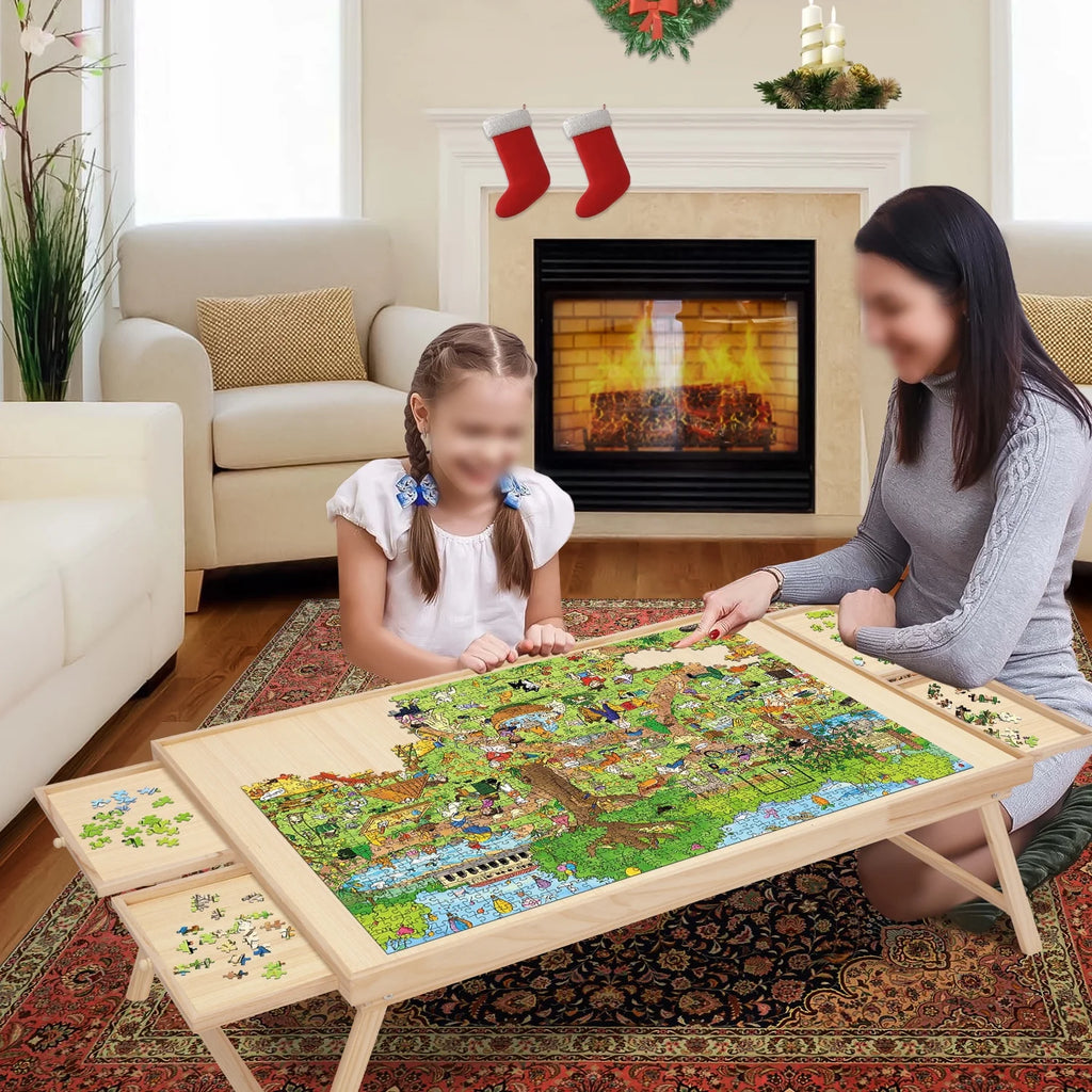 1500 Piece Wooden Jigsaw Puzzle Table with Folding Legs and 4 Drawers W735799
