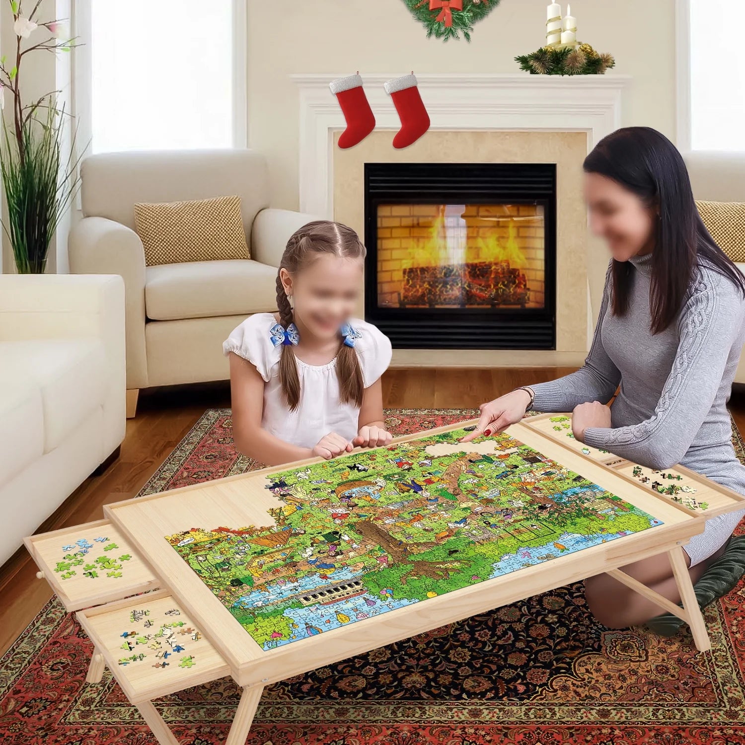 1500 Piece Wooden Jigsaw Puzzle Table with Folding Legs and 4 Drawers W735799