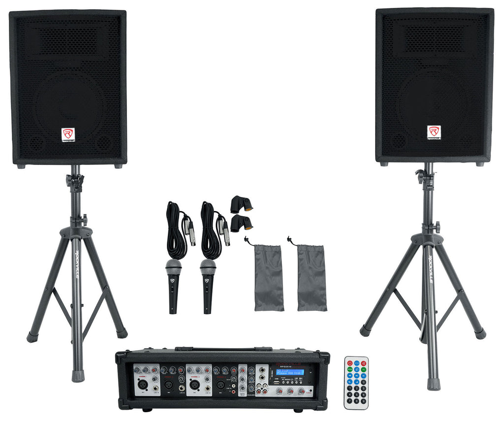RPG2X10 PA System Mixer Amp 10 inch Speakers Stands Mics Bluetooth M386