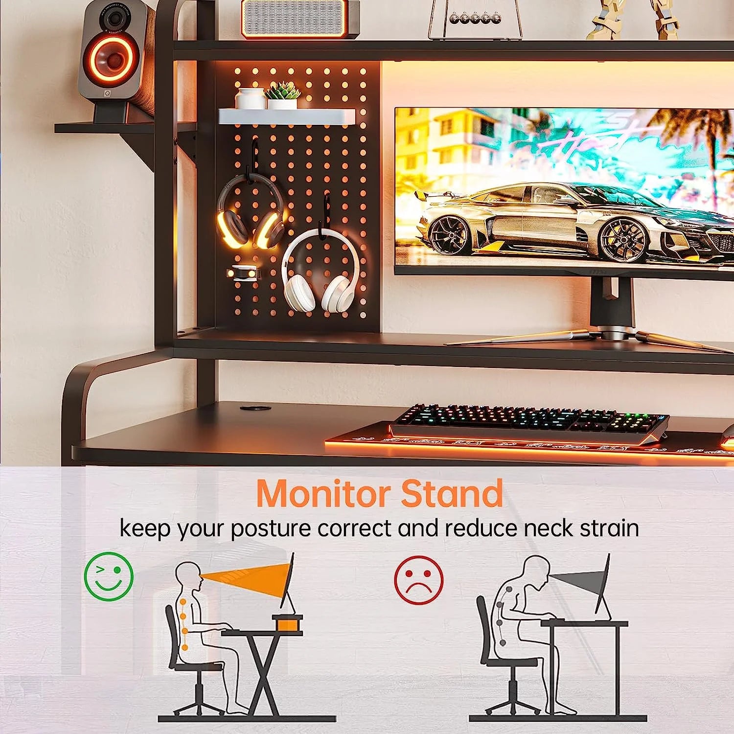 55" Gaming Desk with Hutch, Shelves, LED Lights, Pegboard and Monitor Shelf, Black K2756