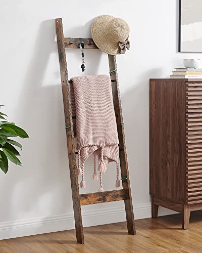 5-Tier Wood Blanket Ladder Shelf with 4 Removable Hooks V50833