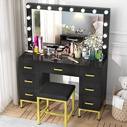 Black 44'' Vanity Desk with Lighted Mirror, 14PCS LED Bulbs, Cushioned Stool & 7 Drawers D79924