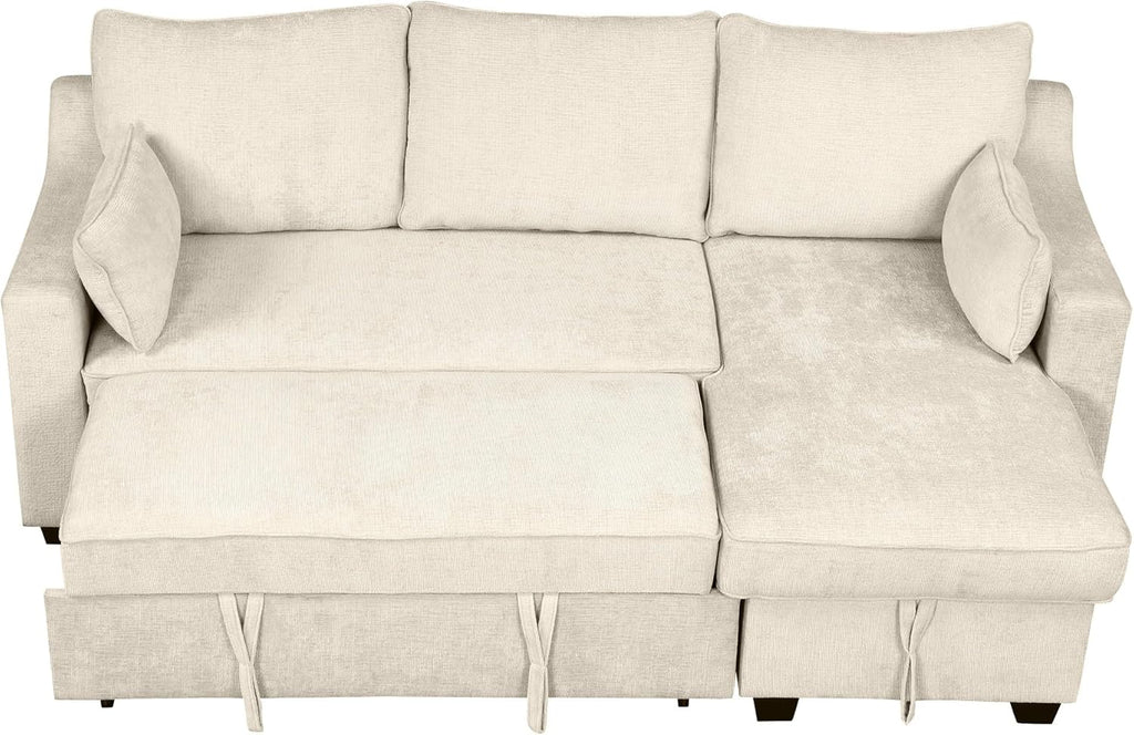L-Shape Reversible Sleeper Sectional Couch Pull Out Sofa Bed with Storage Chaise and USB Ports Linen Tufted Upholstered Convertible Sofabed with 2 Pillows H520047