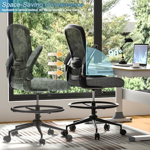 Black Drafting Chair with Flip-up Armrests and Adjustable Footrest Ring B497374