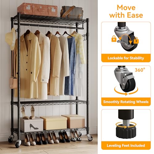 Black Heavy Duty Rolling Garment Rack with Wheels Double Hanging Rods J2733