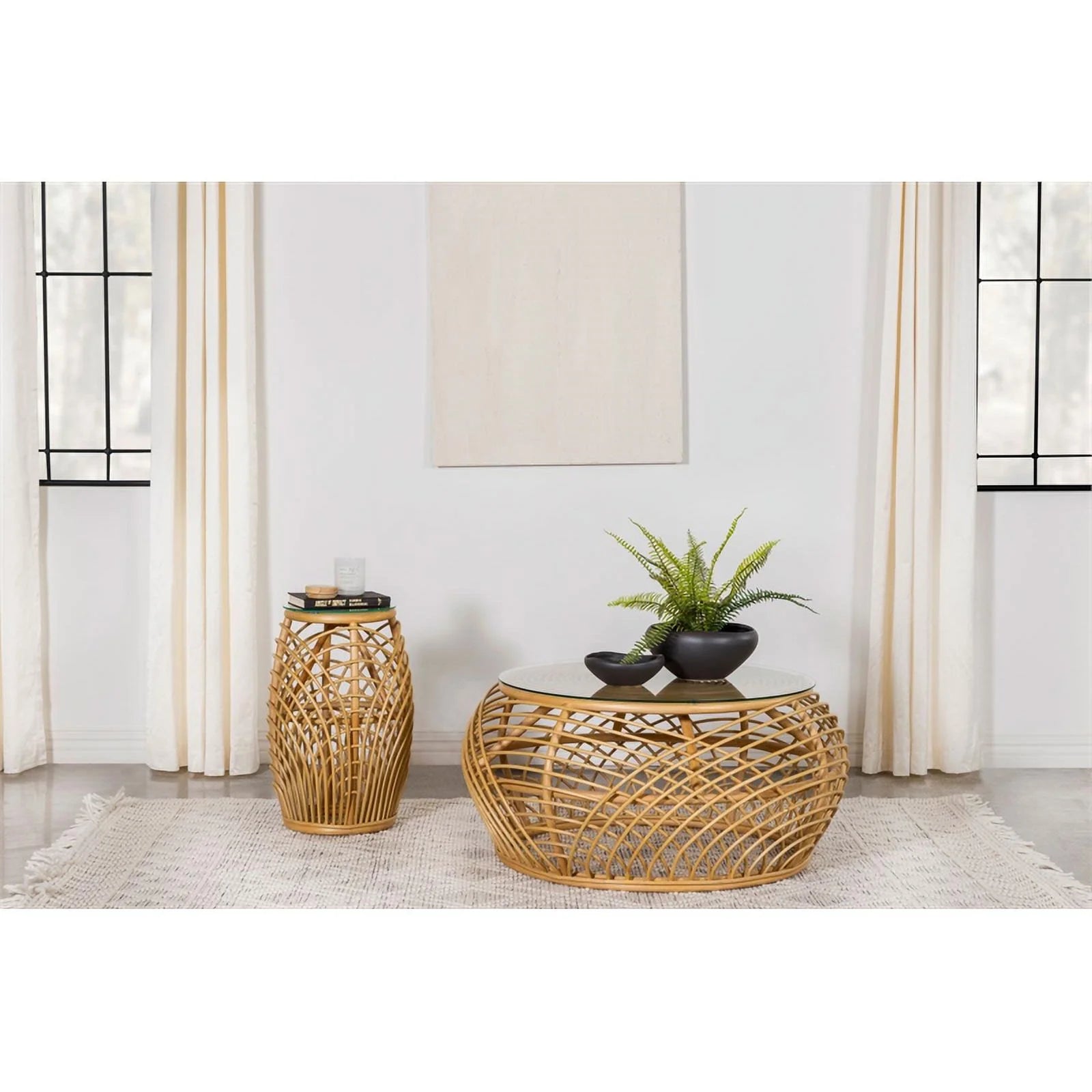 Round Glass Top Woven Rattan Coffee Table Natural Brown W757