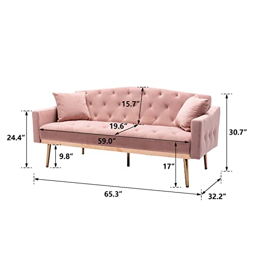65" Velvet Convertible Futon Sofa Bed with 2 Pillows (Navy) Q108