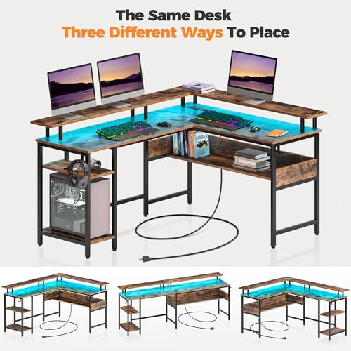 56.7" L Shaped Gaming Desk with LED Lights, Power Outlets, Carbon Fiber Surface, Monitor Stand, Storage, USB Port, Hook F183