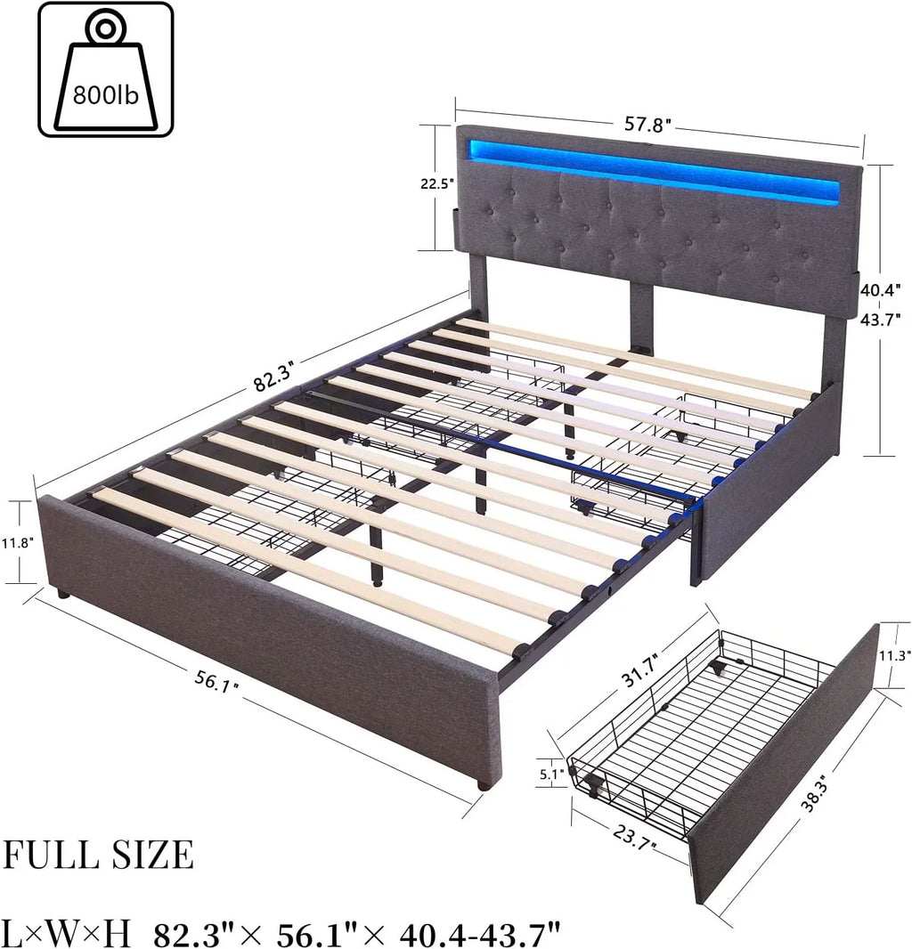 Full Size Bed Frame with 4 Drawers, LED, USB Ports, Adjustable Upholstered Headboard, Dark Grey L89088