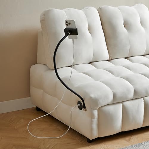 48" Convertible Sleeper Sofa Couch Bed, 3-in-1 Velvet Tufted Pull Out Couch with Charge Ports and Phone Holders, Comfy Modern Loveseat Sleeper Chaise Lounge (Grey) T1373
