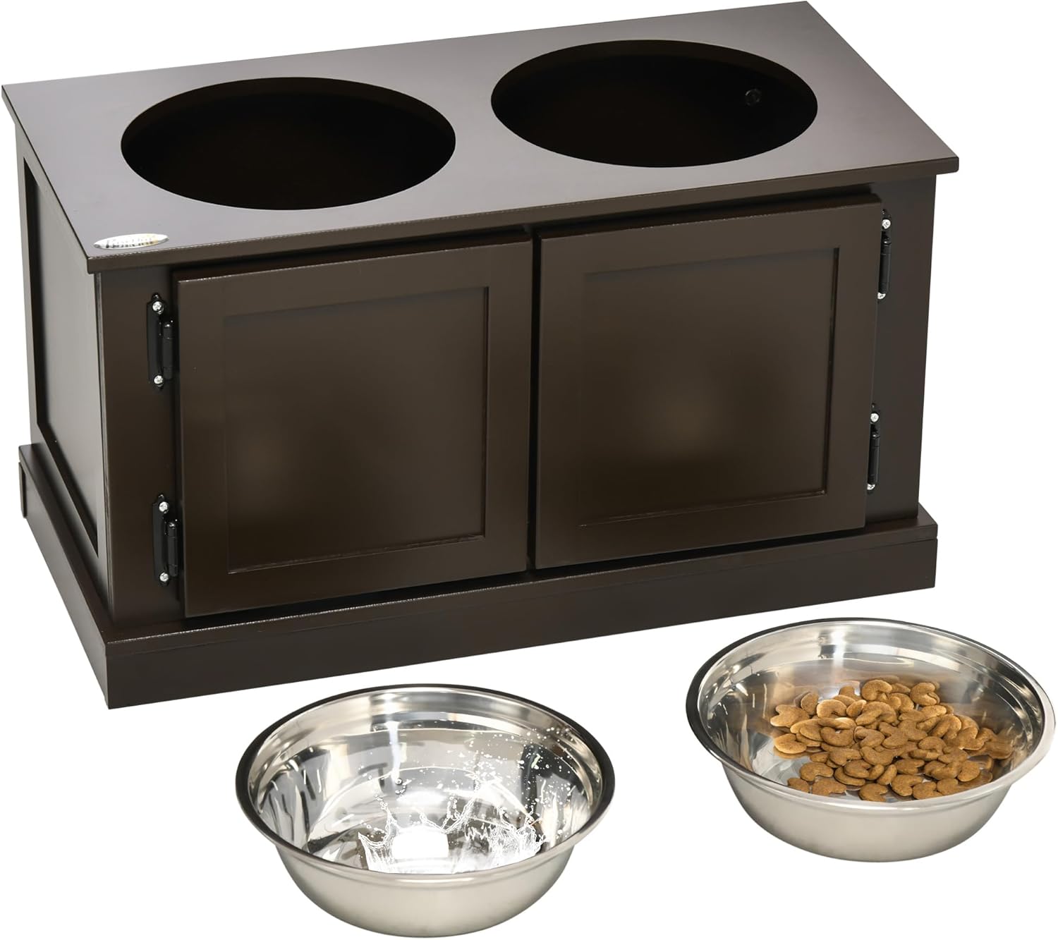 Elevated Dog Bowls with Storage Cabinet, 2 Stainless Steel Bowls, Coffee P704