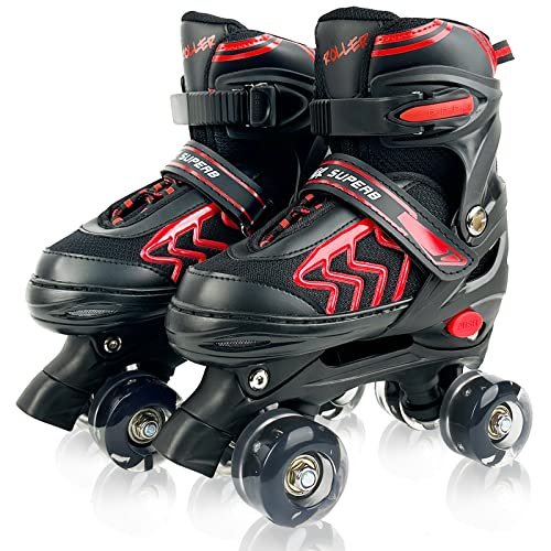 Adjustable Quad Roller Skates with Light Up Wheels, Black & Red N803
