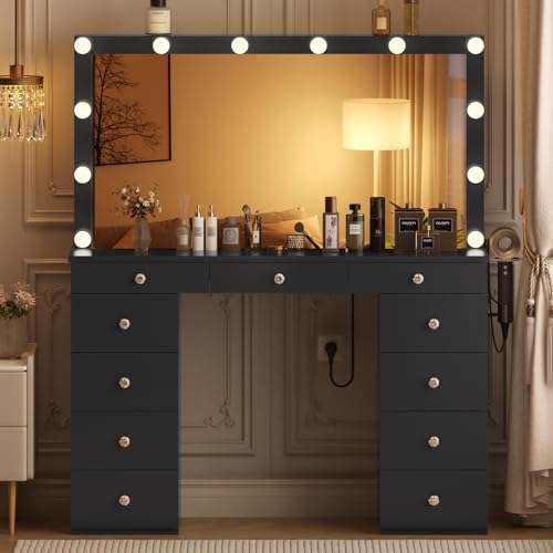 White Vanity Desk with Mirror and Lights, 11 Drawers, Charging Station D559319