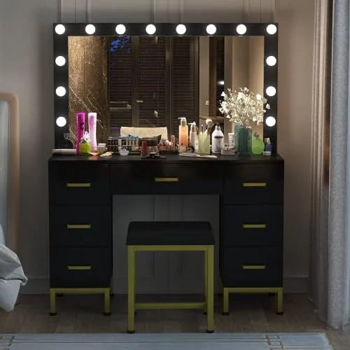 Black 44'' Vanity Desk with Lighted Mirror, 14PCS LED Bulbs, Cushioned Stool & 7 Drawers D79924