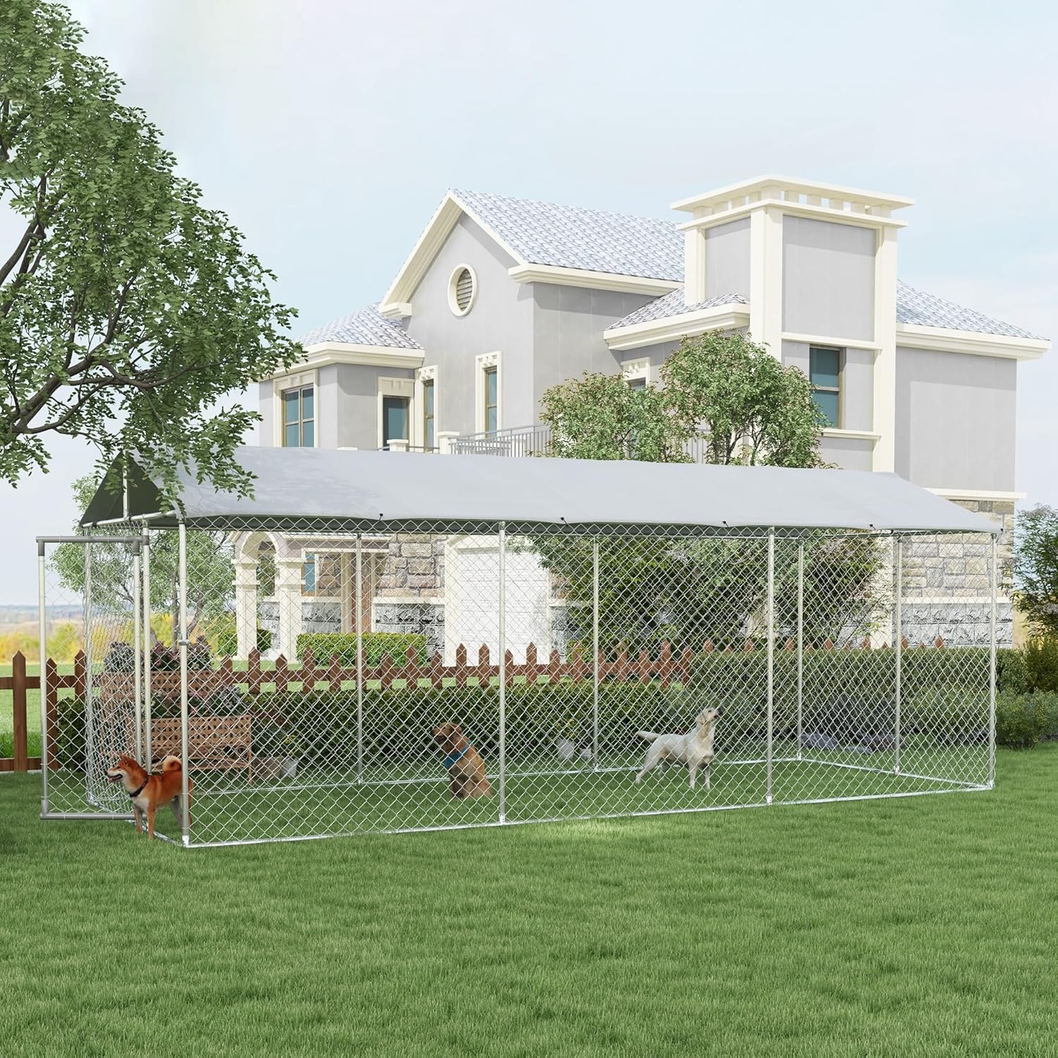 Large Heavy Duty Dog Kennel with Waterproof Cover, Galvanized Chain Link, 19.7' x 7.5' x 7.5' M920164