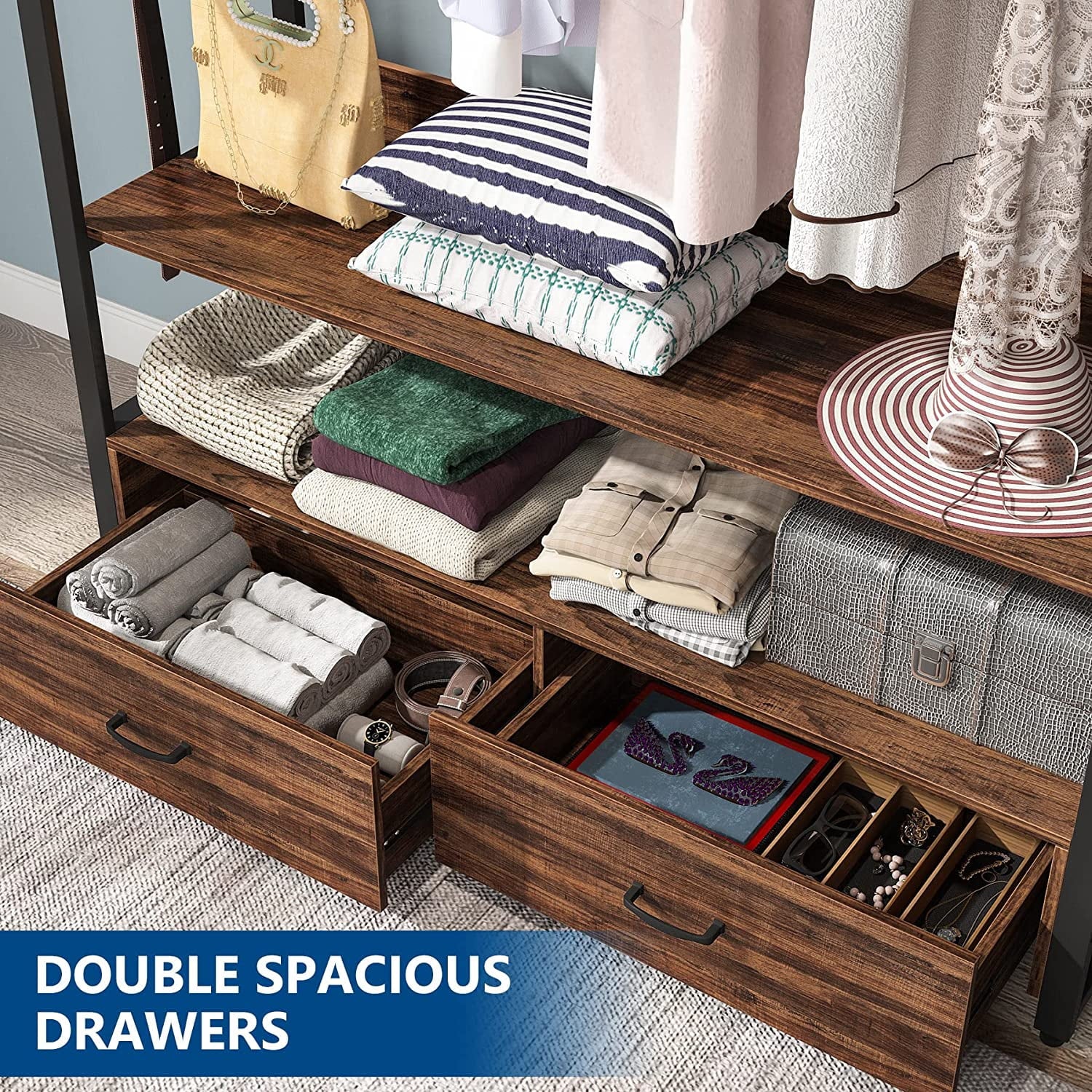 Rustic Brown Heavy Duty Clothes Rack with Shelves Hanging Rod and 2 Drawers F72811