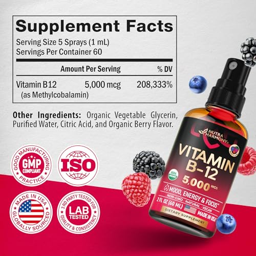 USDA Organic Vitamin B12 Spray 5000 mcg Liquid Vegan Methylcobalamin 2 fl oz F5340