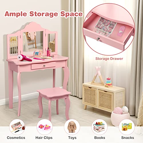 White Wooden Kids Vanity Set with Mirror and Stool Z713315
