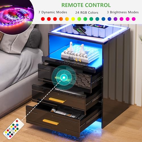RGB LED Nightstand with 3 Drawers and Sliding Tray W352