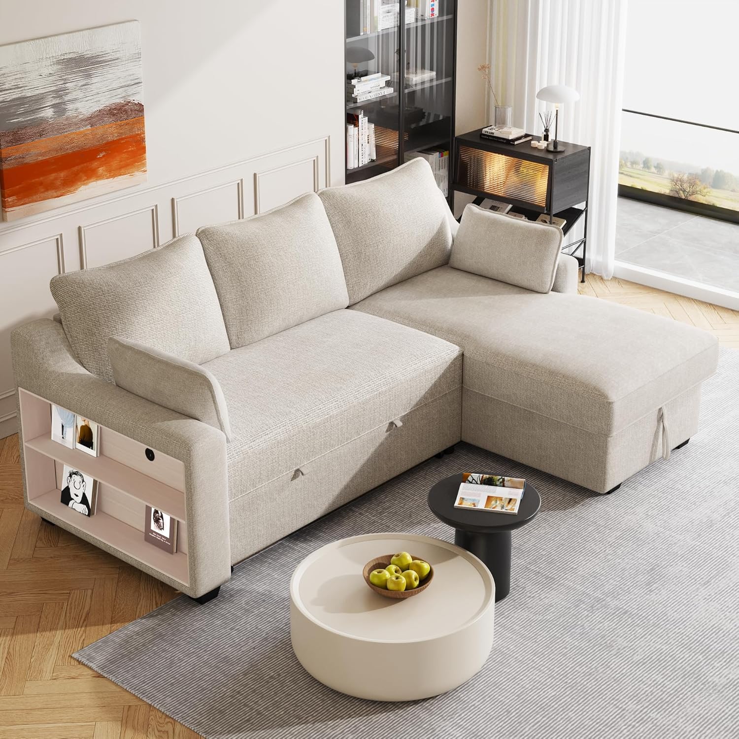 L-Shape Reversible Sleeper Sectional Couch Pull Out Sofa Bed with Storage Chaise and USB Ports Linen Tufted Upholstered Convertible Sofabed with 2 Pillows H520047