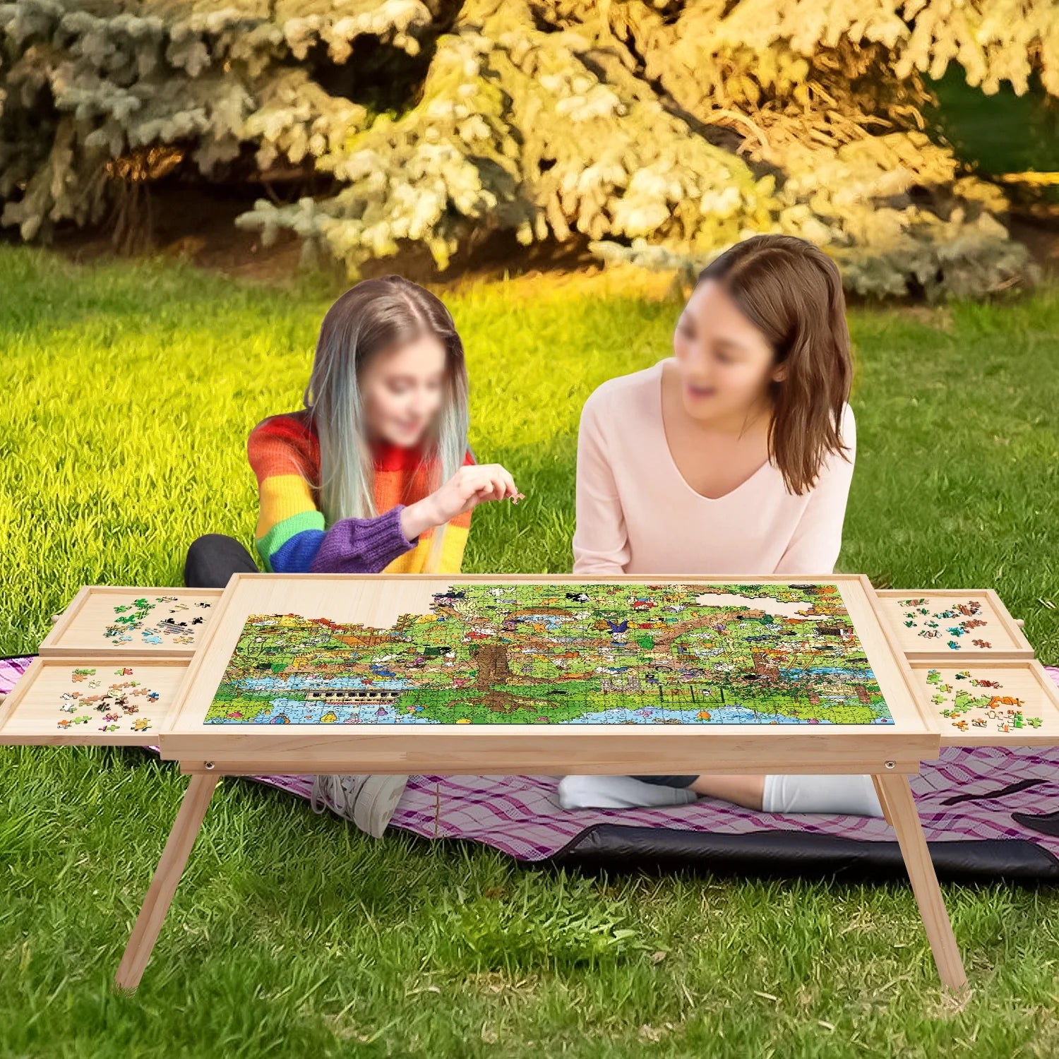 1500 Piece Wooden Jigsaw Puzzle Table with Folding Legs and 4 Drawers W735799