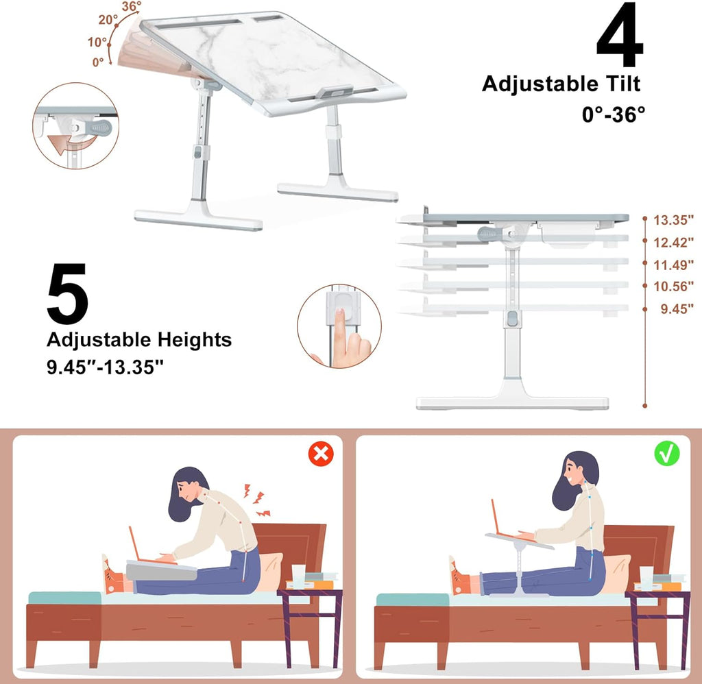 X-Large Marble and Grey Adjustable Folding Lap Desk Tray with Drawer R4563