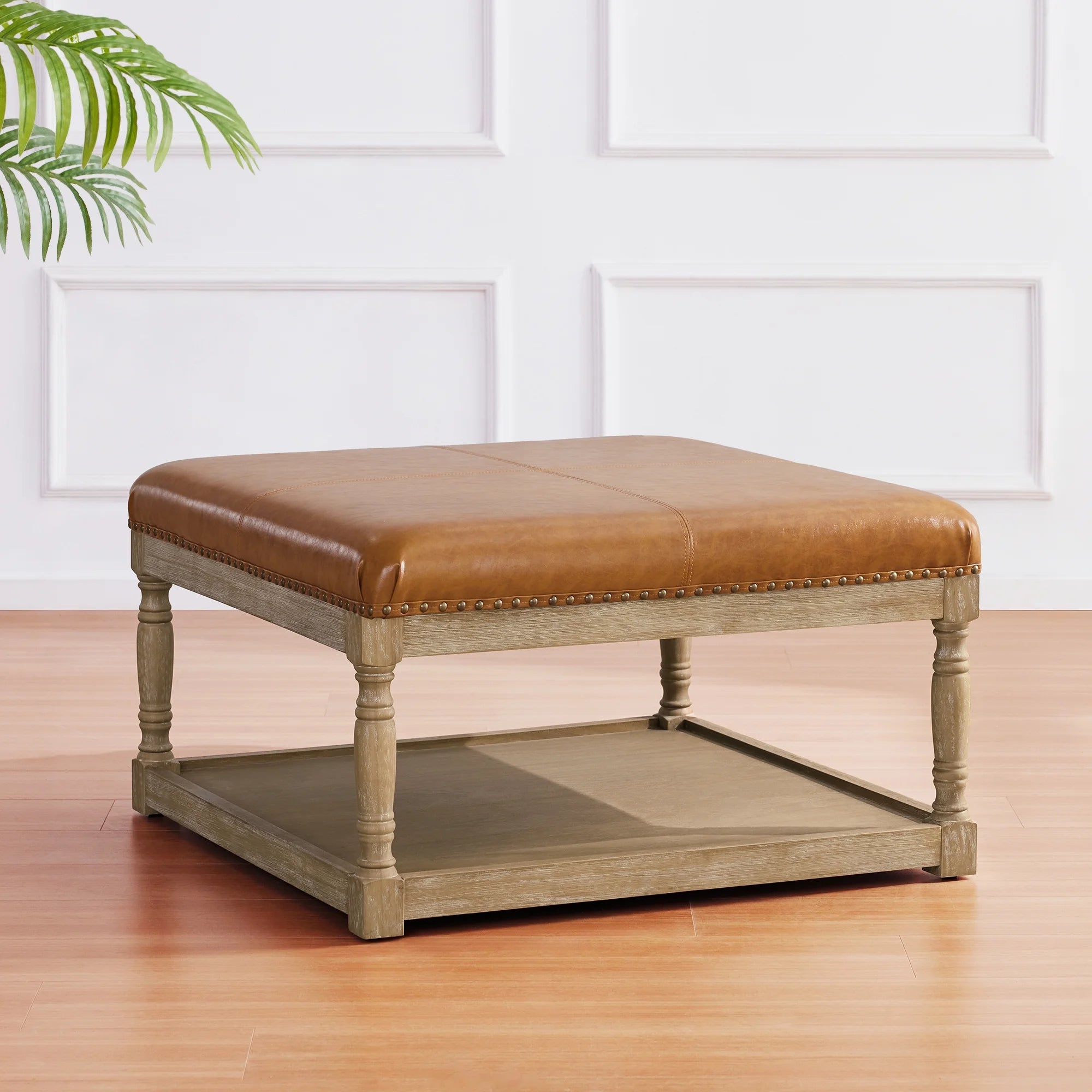 Large Square Ottoman Coffee Table with Storage Shelf (Brown) L199