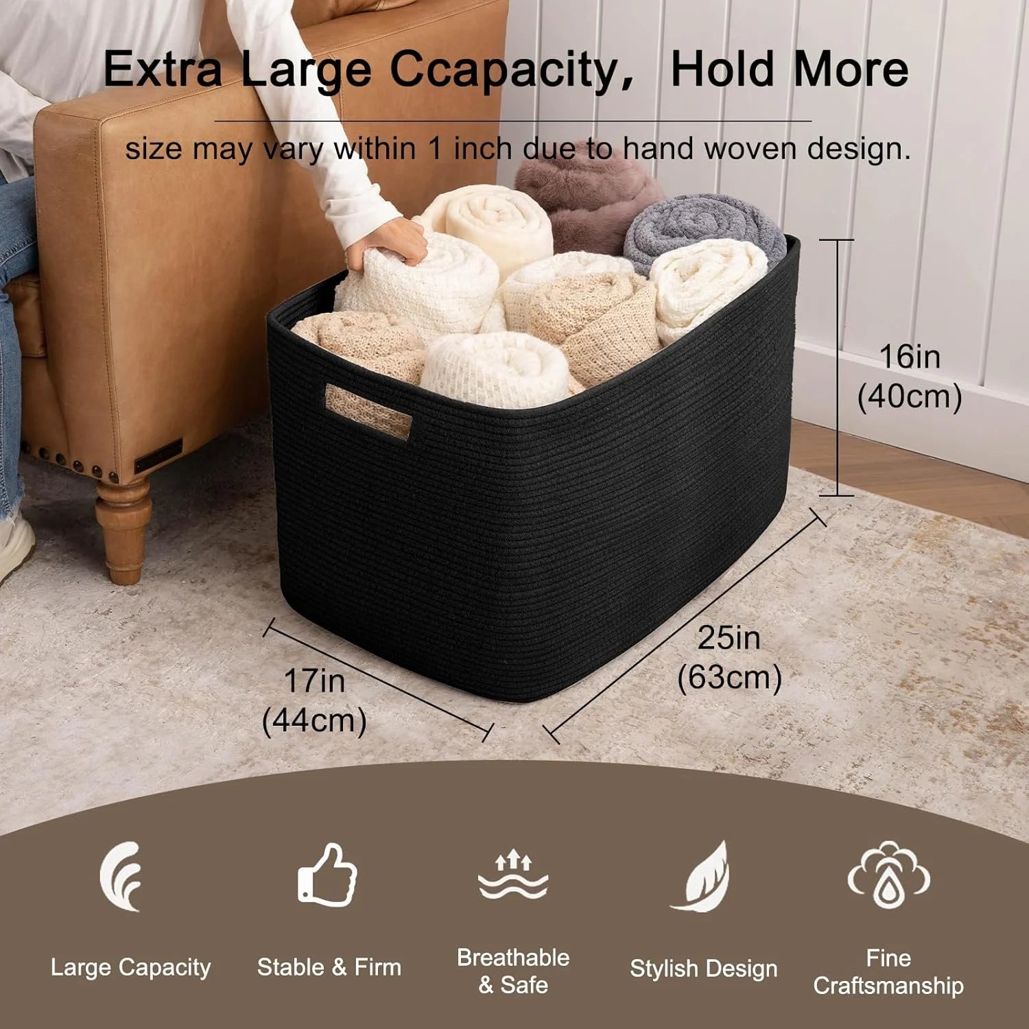 XXXLarge Cotton Rope Storage Basket, Oversized Blanket Basket, Black G7966