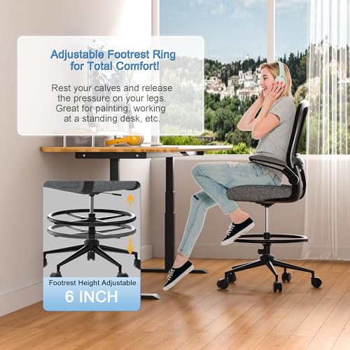 Black Drafting Chair with Flip-up Armrests and Adjustable Footrest Ring B497374