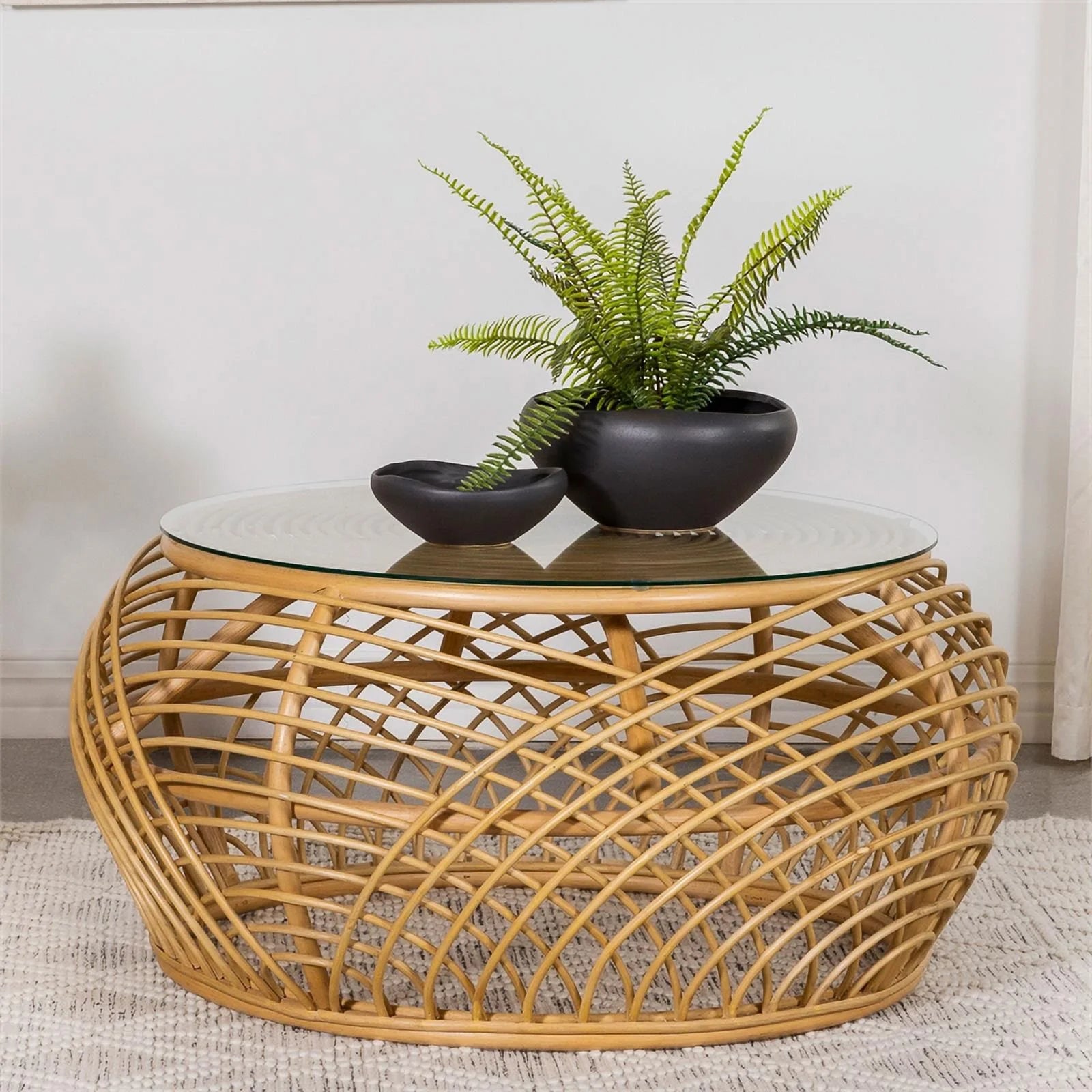 Round Glass Top Woven Rattan Coffee Table Natural Brown W757