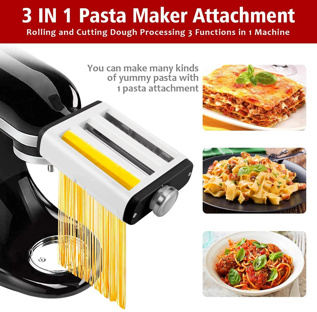 3 In 1 Pasta Maker Attachment for Kitchenaid Mixer with Pasta Dough Roller, Spaghetti Cutter, Fettuccine Cutter and Cleaning Brush S1881