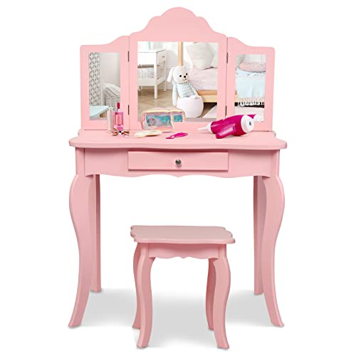 White Wooden Kids Vanity Set with Mirror and Stool Z713315