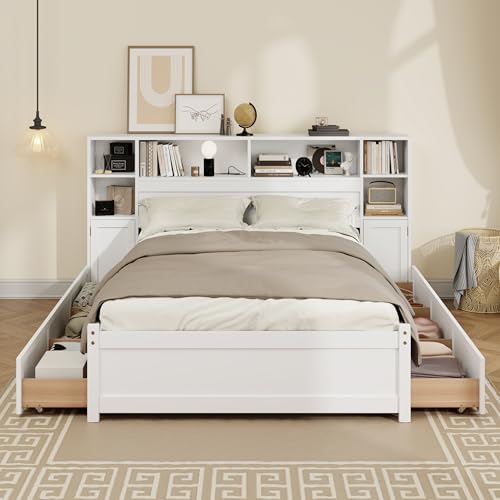 Twin Size Wood Storage Platform Bed with 6 Drawers and Bookcase Headboard U355943