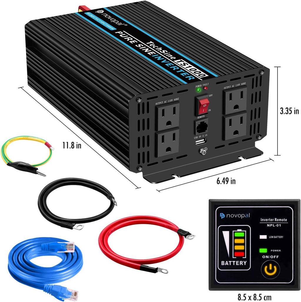 1000 Watt 24V DC to 110V AC Pure Sine Wave Power Inverter with 4 AC Outlets and USB Port Q552
