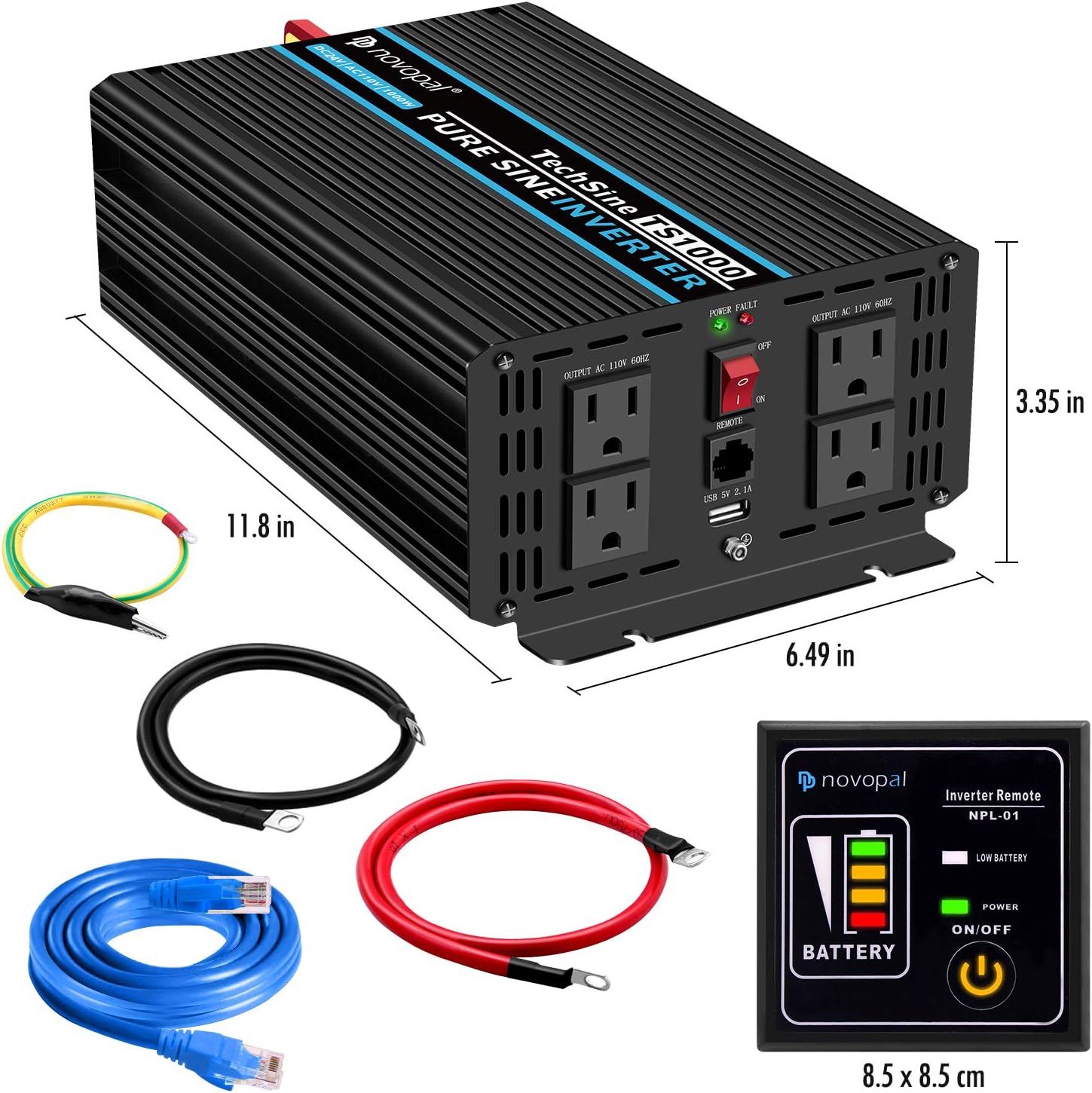 1000 Watt 24V DC to 110V AC Pure Sine Wave Power Inverter with 4 AC Outlets and USB Port Q552