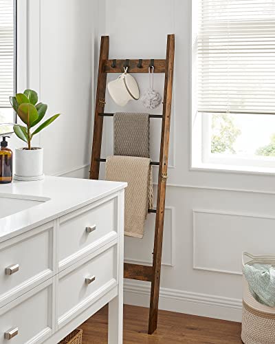 5-Tier Wood Blanket Ladder Shelf with 4 Removable Hooks V50833