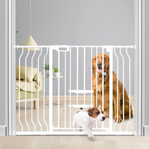 White 33" Tall Extra Wide Auto Close Walk Thru Safety Gate with Small Pet Door Q2394