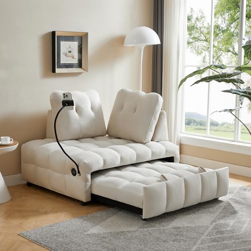 48" Convertible Sleeper Sofa Couch Bed, 3-in-1 Velvet Tufted Pull Out Couch with Charge Ports and Phone Holders, Comfy Modern Loveseat Sleeper Chaise Lounge (Grey) T1373